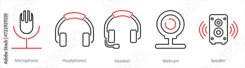 A set of 5 Computer Parts icons as microphone, heaphones, headset