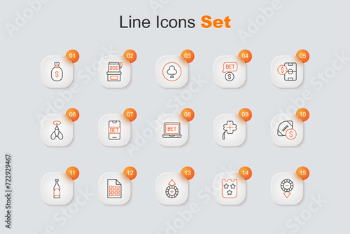 Set line Casino chips, Lottery ticket, Bottle of wine, American football betting money, slot machine with clover and Online sports icon. Vector