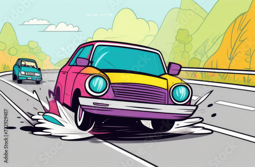 Drawing of a car caught in a hole on the road. Car accident