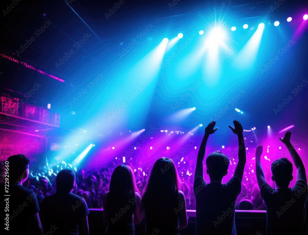 Silhouettes of teenagers with raised hands at a concert, illuminated by spotlights. Music festival, festive concert