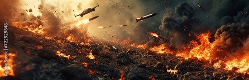 military bombing or air strike burning target location with missile rockets and shells with fire and smoke at destroyed warzone for world war and explosion concepts, wide copy space, Generative AI