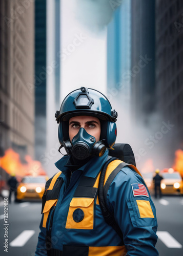 Civil defense officers in uniform, cars and flames in the background. protection of the population in emergency situations