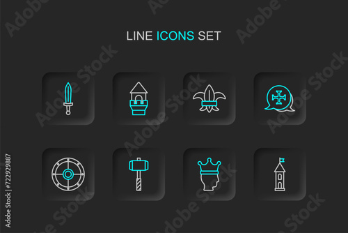 Set line Castle tower, King crown, Battle hammer, Round shield, Crusade, Fleur lys or lily flower, and Medieval sword icon. Vector