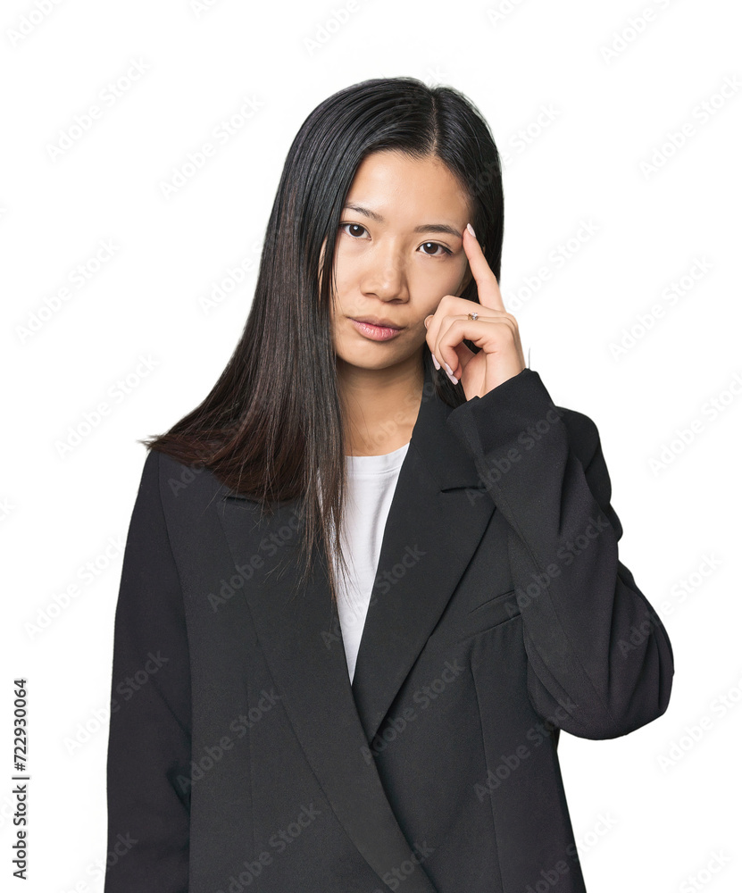 Young Chinese woman in business suit pointing temple with finger, thinking, focused on a task. Young Chinese woman in business suit pointing temple with finger, thinking, focused on a task.