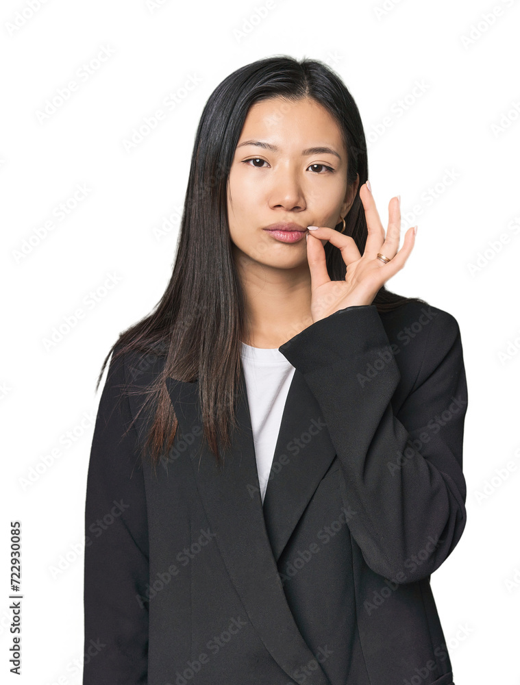 Young Chinese woman in business suit with fingers on lips keeping a secret. Young Chinese woman in business suit with fingers on lips keeping a secret.