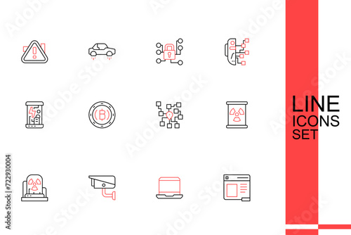 Set line Browser window, Laptop, Security camera, Radioactive warning lamp, waste barrel, Neural network, Cryptocurrency coin Bitcoin and Cryogenic capsules icon. Vector