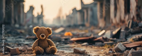 kids teddy bear toy over city burned destruction of an aftermath war conflict, earthquake or fire and smoke of world war against children peace innocence as copyspace, Generative AI photo