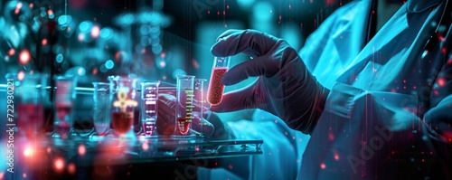 scientist holding medical testing tubes or vials of medical pharmaceutical research with blood cells and virus cure using DNA genome sequencing biotechnology as wide banner, Generative AI