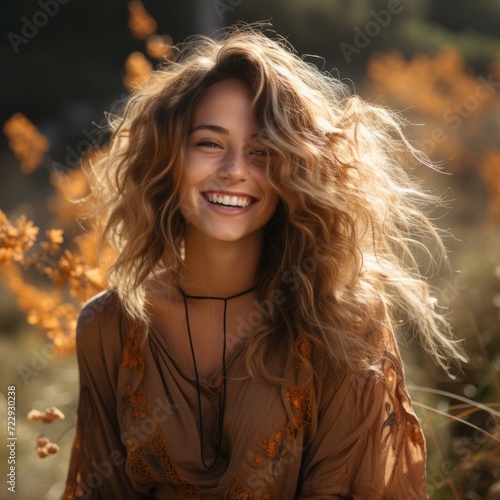 Radiant Joy - Woman Smiling in Autumn Light