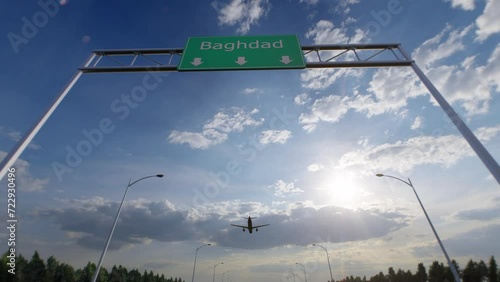 Baghdad City Road Sign - Airplane Arriving To Baghdad Airport Travelling To Iraq photo
