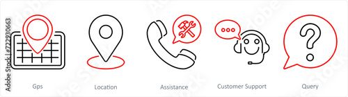 A set of 5 Contact icons as gps, location, assistance