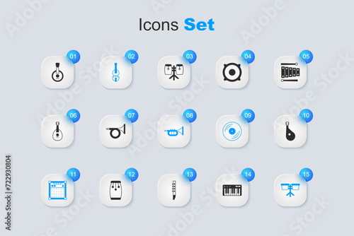 Set Music synthesizer, Trumpet, Violin, Guitar amplifier, Bongo drum, Bandura, Banjo and icon. Vector