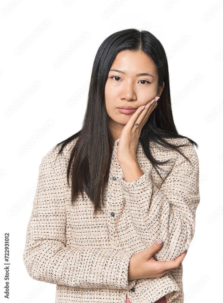 Young Chinese woman in studio setting who is bored, fatigued and need a relax day. Young Chinese woman in studio setting who is bored, fatigued and need a relax day.