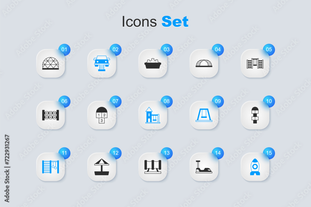 Set Bumper car, Hopscotch, Swing, Swedish wall, Rocket ship toy, Playground climbing equipment and for kids icon. Vector Set Bumper car, Hopscotch, Swing, Swedish wall, Rocket ship toy, Playground climbing equipment and for kids icon. Vector