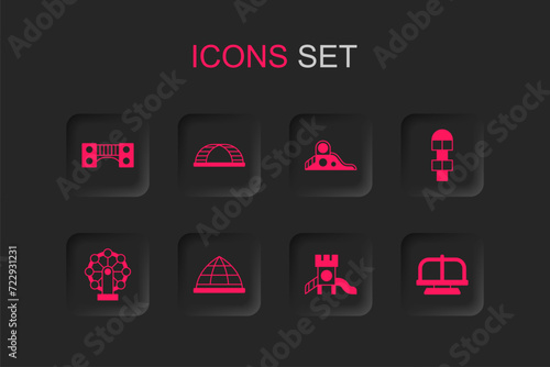 Set Playground climbing equipment, Monkey bar, kids bridge, Slide playground, Hopscotch, Attraction carousel, and Ferris wheel icon. Vector