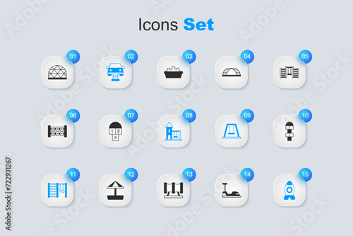 Set Bumper car, Hopscotch, Swing, Swedish wall, Rocket ship toy, Playground climbing equipment and for kids icon. Vector