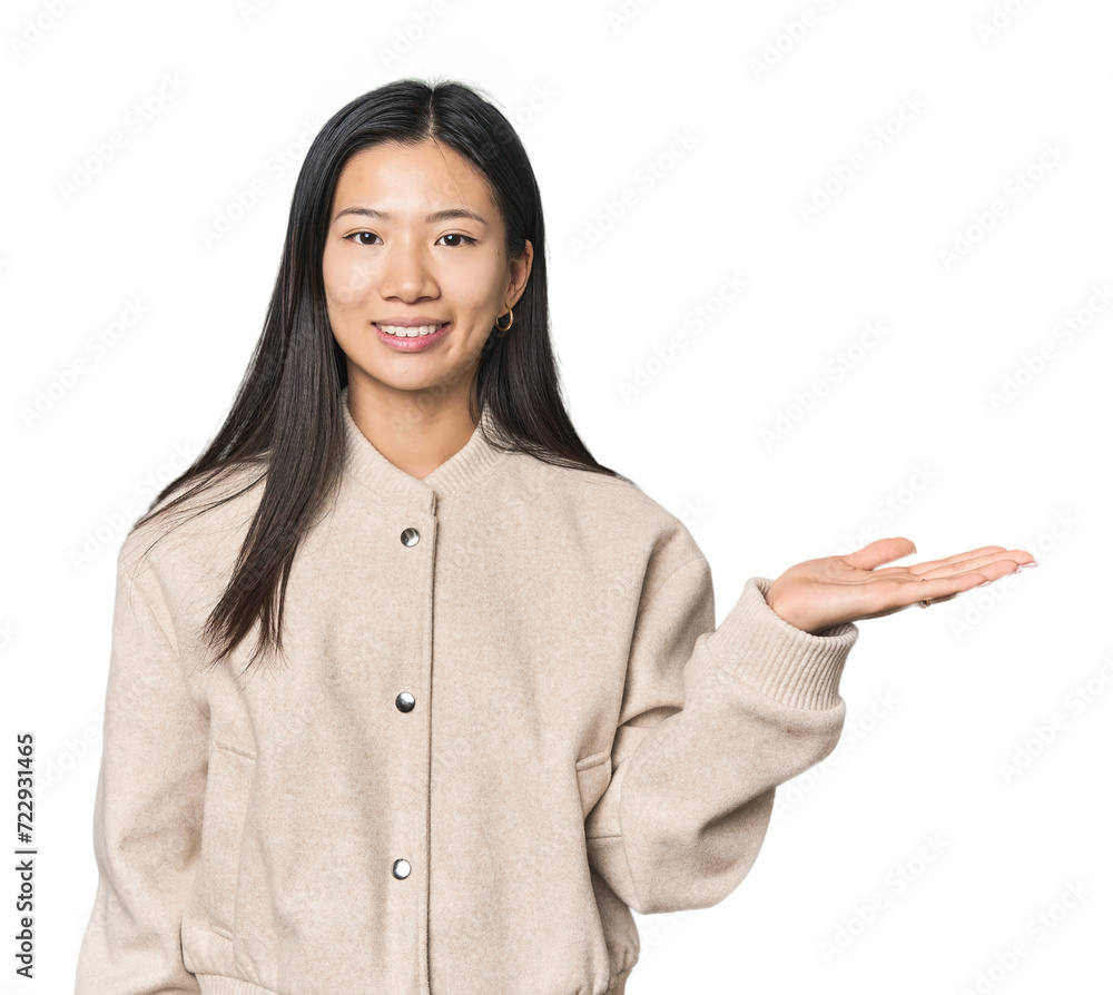 Young Chinese woman in studio setting showing a copy space on a palm and holding another hand on waist. Young Chinese woman in studio setting showing a copy space on a palm and holding another hand on waist.