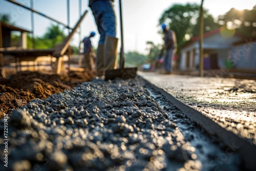 Foundations in Action: Men at Work Pouring Concrete for New House Construction