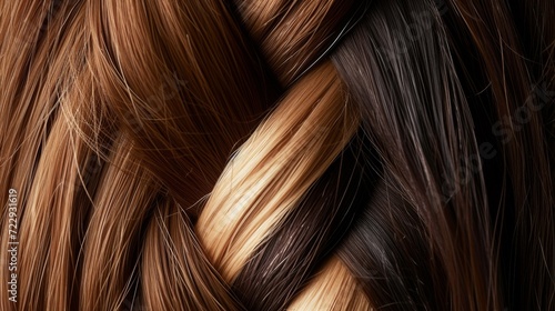 Closeup hair braids. Different types and colors of braided hair. 