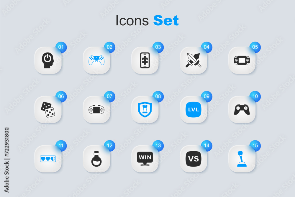 Set VS Versus battle, Portable video game console, Game controller joystick, life bar, Gear shifter, Power button and Chess shield icon. Vector Set VS Versus battle, Portable video game console, Game controller joystick, life bar, Gear shifter, Power button and Chess shield icon. Vector