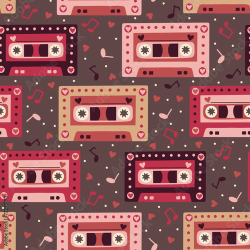 Valentine s Day Love Song Mixtapes on Old Burgundy Seamless Pattern Design