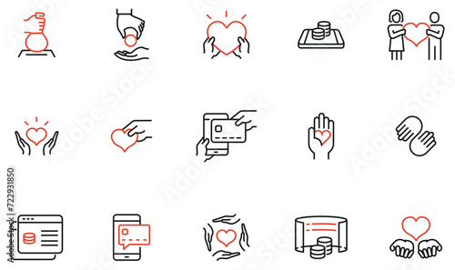 Vector Set of Linear Icons Related to Online Donation and Sponsorship, Charity and Funding. Mono line pictograms and infographics design elements