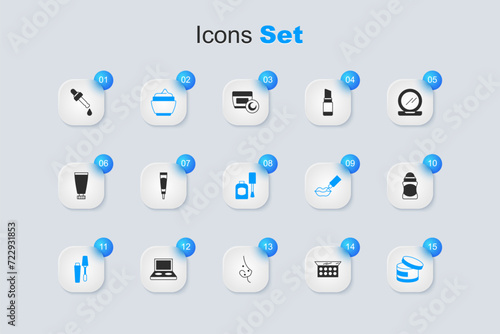 Set Makeup powder with mirror, Cream lotion cosmetic tube, Mascara brush, Deodorant roll, Pipette oil and Bottle of nail polish icon. Vector