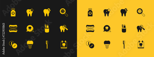 Set Dental search, implant, Toothbrush and toothpaste, Broken, Toothache painkiller tablet and whitening icon. Vector