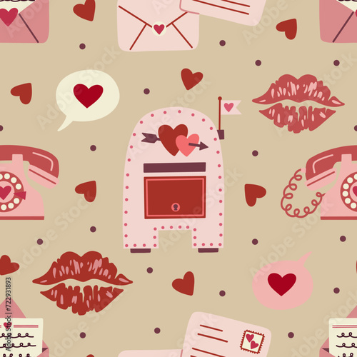 Valentine's Day Love Talk Icons on Ecru Beige Seamless Pattern Design