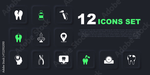 Set Otolaryngological head reflector, Broken tooth, Syringe, Tooth with caries and drill, Dental pliers, Mouthwash and clinic location icon. Vector
