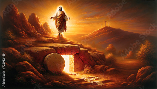 Oil painting illustration of resurrection of Jesus Christ with empty tomb sunbeams