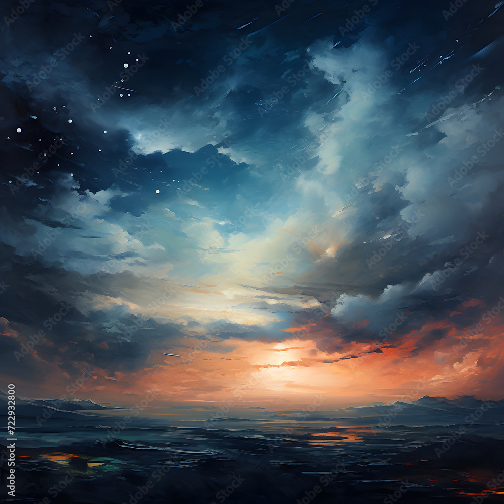 Fototapeta premium Oil painting of the night sky with fluffy clouds.