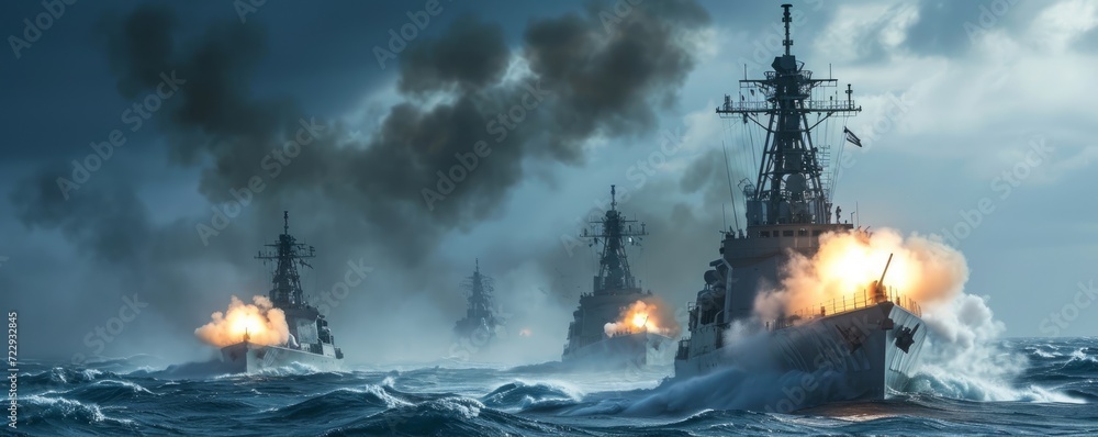 wide banner of missiles being launched out of warboats destroyers for military special navy missions concepts - Generative AI