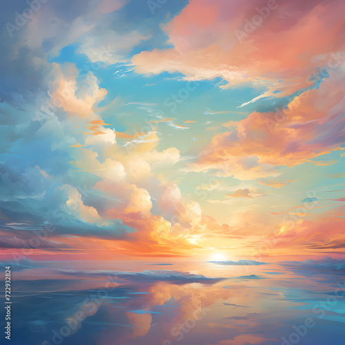 Oil painting of the sea and blue sky with clouds in the sunset.