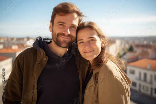 Photo portrait of couple man and woman. About 20-30 years old. Casual clothes. Standing outside in sunny day in the city hugging looking at the camera and smiling. Happiness travelling dating concept.