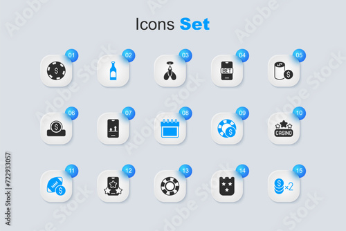 Set Lottery ticket, Online sports betting, Bottle of wine, American football money, Casino chip with dollar, signboard, and Calendar icon. Vector