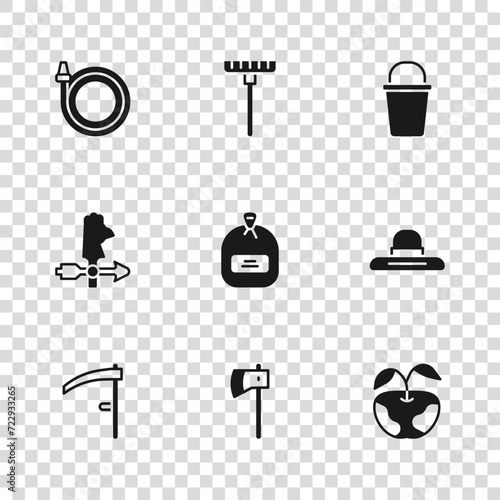 Set Wooden axe, Farmer worker hat, Apple, Pack full of seeds, Bucket, Garden hose, rake and Rooster weather vane icon. Vector