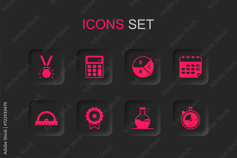 Set Medal with star, Calculator, Test tube, School timetable, Stopwatch, Pie chart infographic and Protractor grid icon. Vector