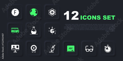 Set Glasses, Stopwatch, Test tube, Chalkboard, School Bus, Medal with star, Earth globe and Microscope icon. Vector