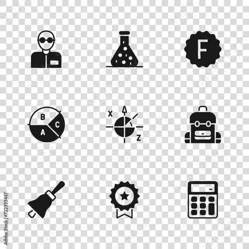 Set Medal with star, School backpack, Calculator, Trigonometric circle, Exam paper incorrect answers, Teacher, Test tube and Pie chart infographic icon. Vector