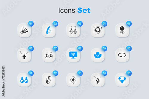 Set Pendant on necklace, Earrings, Wedding, Diamond, Bracelet jewelry, engagement box and icon. Vector