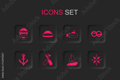 Set Crossed oars or paddles boat, Sailor hat, Yacht sailboat, Nautical rope knots, Wind rose, Submarine and Anchor icon. Vector