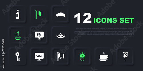 Set Coffee cup, Carnival mask, Flag Italy, Pope, Bottle olive oil, and icon. Vector