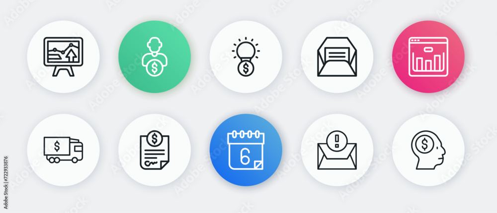 Set line Calendar, Browser with stocks market, Armored truck, Envelope, Light bulb dollar, Business man planning mind and Contract money icon. Vector