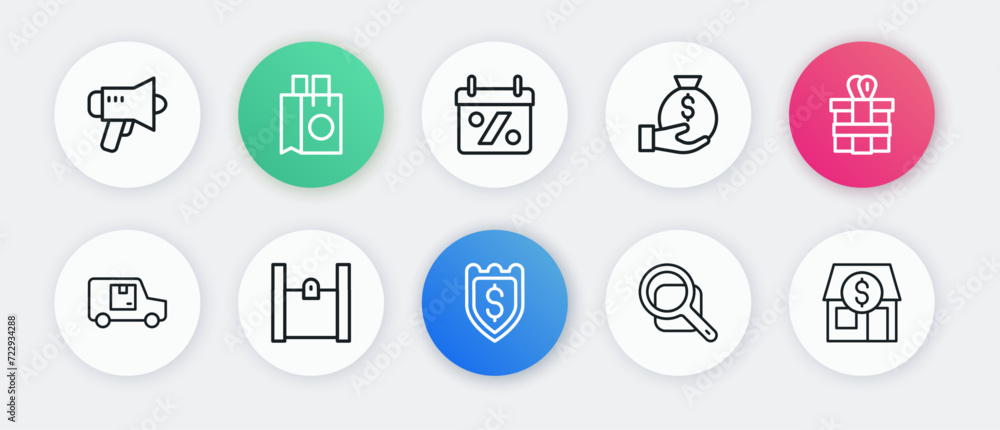 Set line Shield with dollar, Gift box, Delivery cargo truck, Magnifying glass, Money bag, Discount percent tag, Market store and Paper shopping icon. Vector Set line Shield with dollar, Gift box, Delivery cargo truck, Magnifying glass, Money bag, Discount percent tag, Market store and Paper shopping icon. Vector