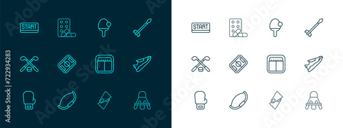 Set line Medieval arrows, bow, Sport mechanical scoreboard, Flippers for swimming, Football field, Racket, Ribbon finishing line and Sports doping with dumbbell icon. Vector