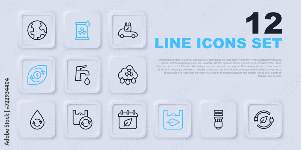 Set line LED light bulb, Electric saving plug in leaf, Water tap, Shopping bag with recycle, energy, Radioactive waste barrel and Calendar autumn leaves icon. Vector Set line LED light bulb, Electric saving plug in leaf, Water tap, Shopping bag with recycle, energy, Radioactive waste barrel and Calendar autumn leaves icon. Vector