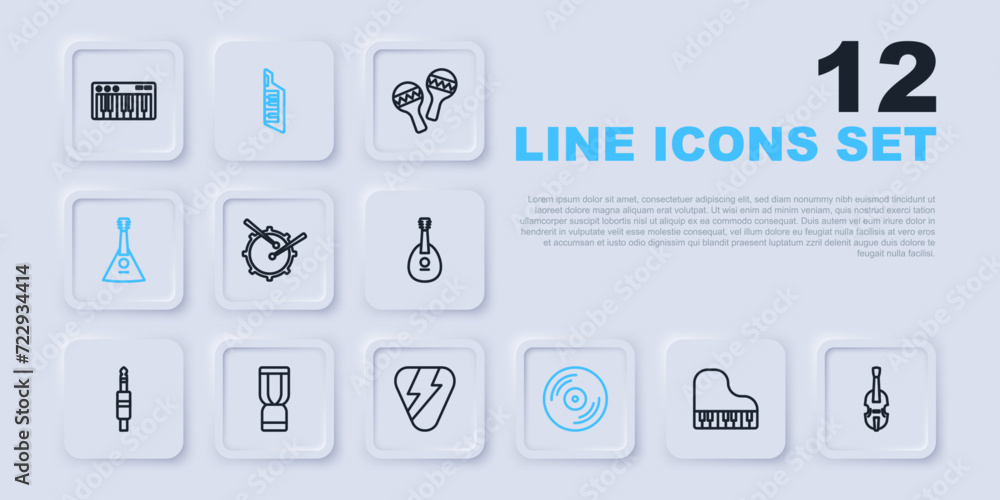 Set line Grand piano, Violin, Drum with drum sticks, Vinyl disk, Balalaika, African djembe, Keytar and Guitar pick icon. Vector Set line Grand piano, Violin, Drum with drum sticks, Vinyl disk, Balalaika, African djembe, Keytar and Guitar pick icon. Vector