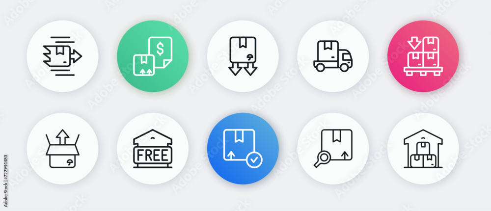 Set line Carton cardboard box, Cardboard boxes pallet, Unboxing, Search package, Delivery cargo truck, with traffic symbol, Full warehouse and Free storage icon. Vector Set line Carton cardboard box, Cardboard boxes pallet, Unboxing, Search package, Delivery cargo truck, with traffic symbol, Full warehouse and Free storage icon. Vector