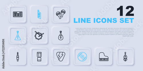 Set line Grand piano, Violin, Drum with drum sticks, Vinyl disk, Balalaika, African djembe, Keytar and Guitar pick icon. Vector